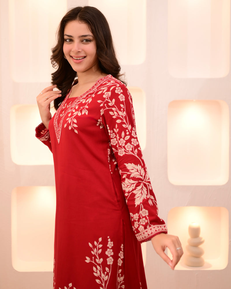 Scarlet Petals Cotton A Line Kurta Palazzo Set