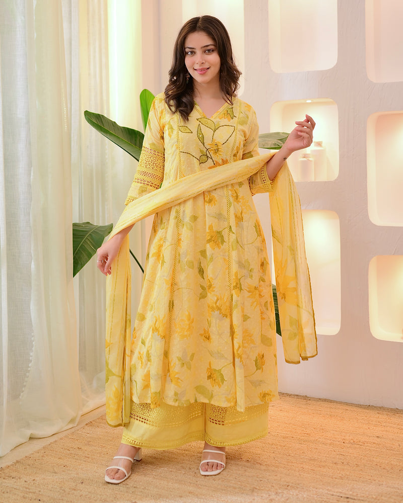 Lemon Zest Pakistani Schiffli Floral Cotton A Line Suit