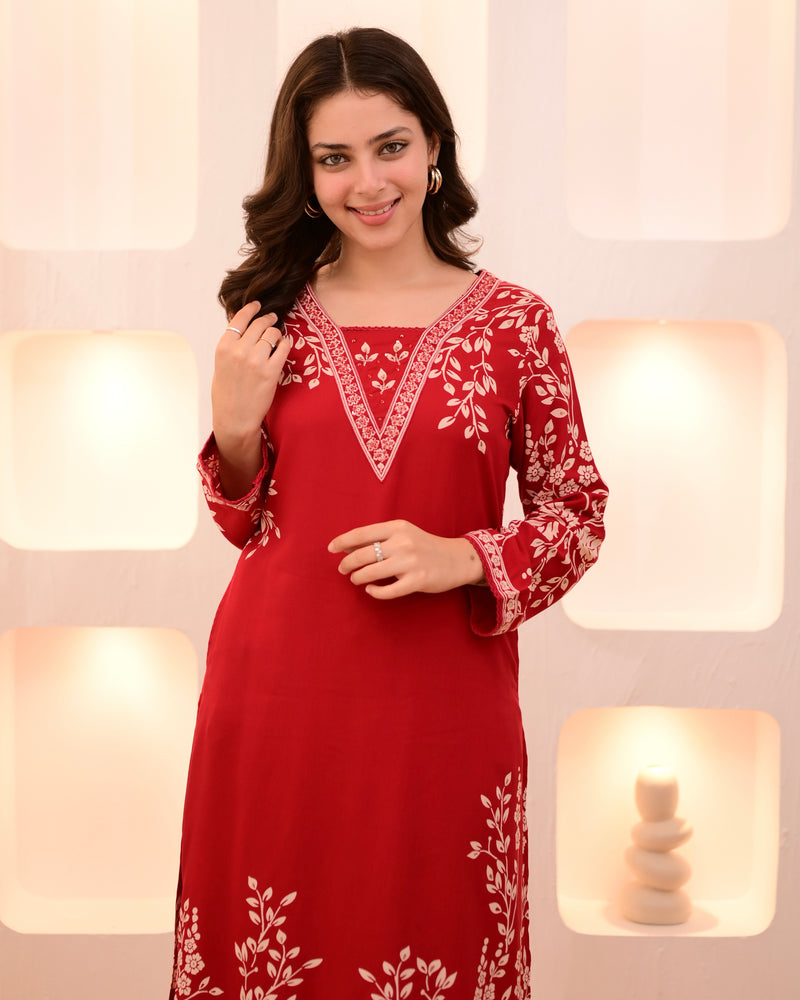 Scarlet Petals Cotton A Line Kurta Palazzo Set