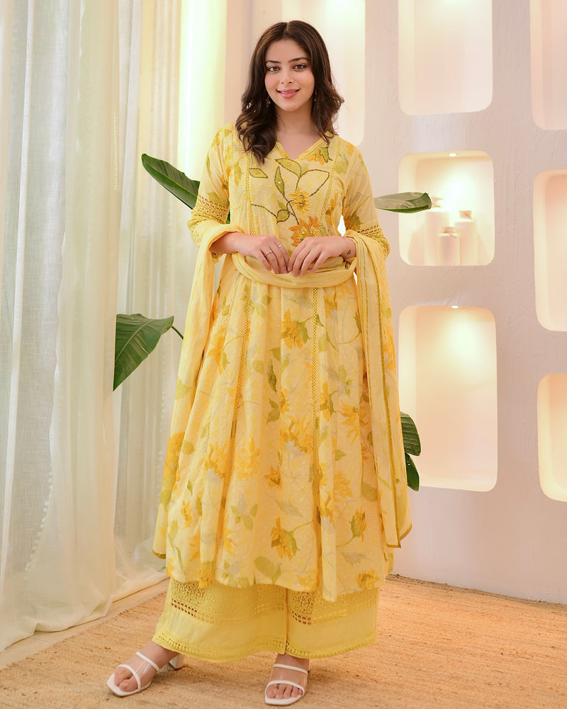 Lemon Zest Pakistani Schiffli Floral Cotton A Line Suit