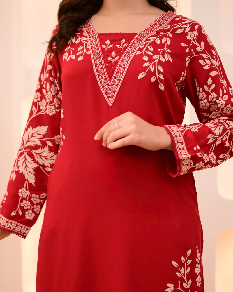 Scarlet Petals Cotton A Line Kurta Palazzo Set