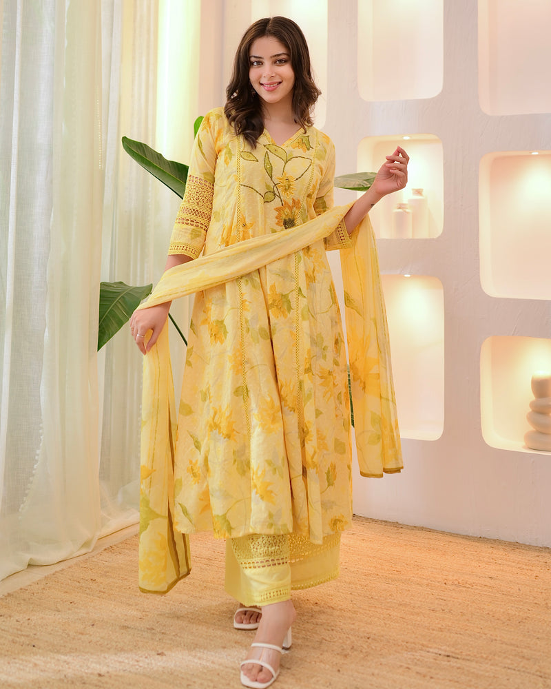 Lemon Zest Pakistani Schiffli Floral Cotton A Line Suit