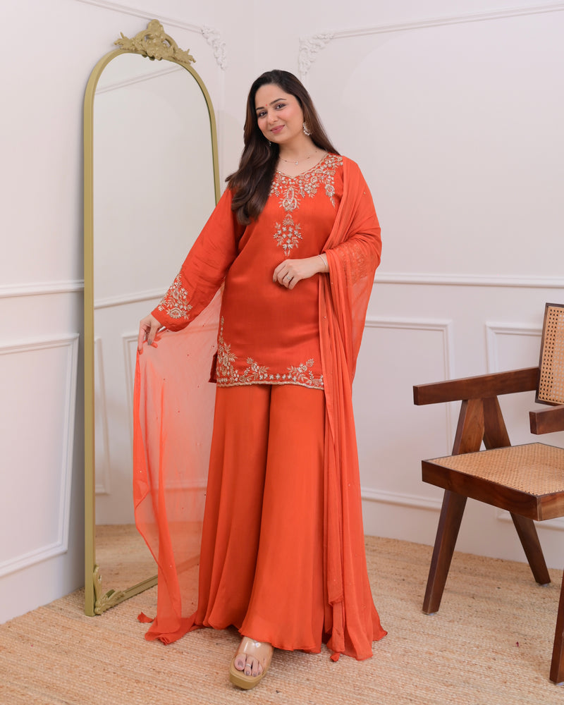 Rust Orange Chinnon Silk Handwork Sharara Set
