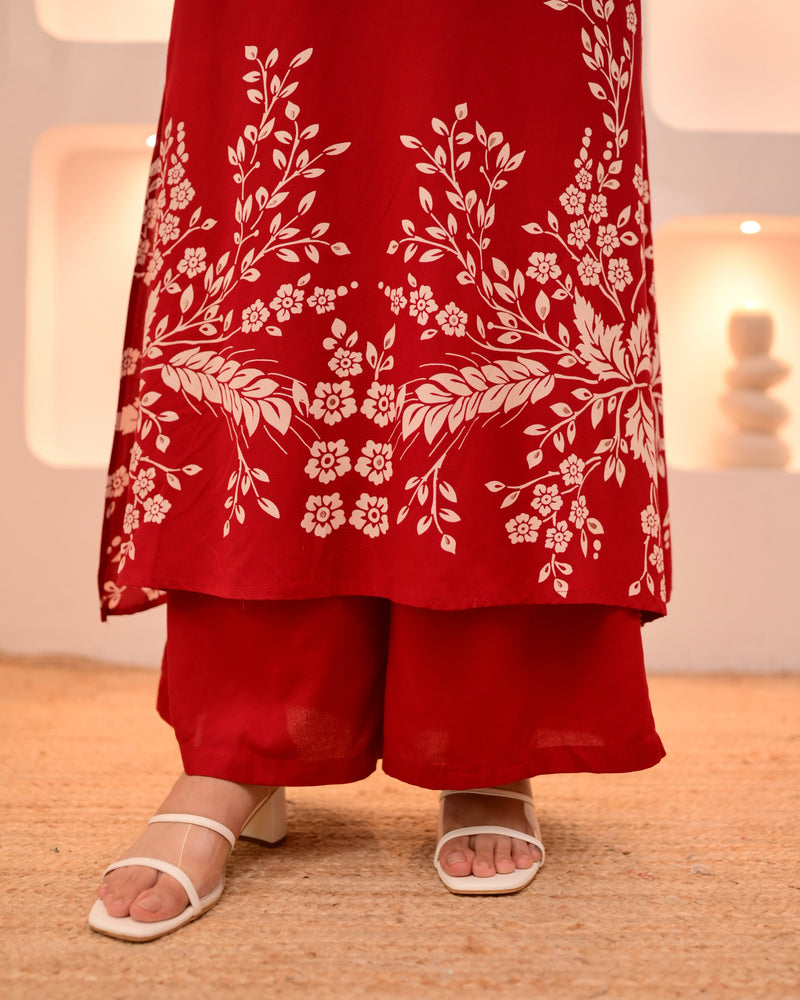Scarlet Petals Cotton A Line Kurta Palazzo Set
