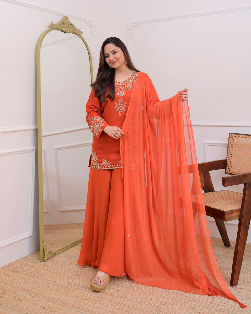 Rust Orange Chinnon Silk Handwork Sharara Set