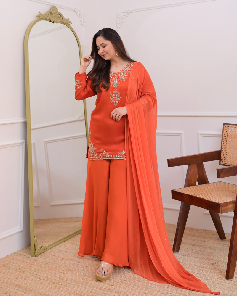 Rust Orange Chinnon Silk Handwork Sharara Set