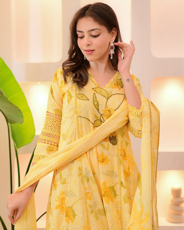 Lemon Zest Pakistani Schiffli Floral Cotton A Line Suit