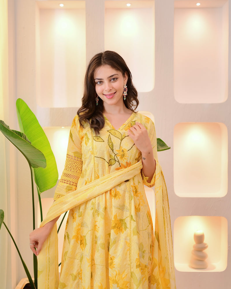 Lemon Zest Pakistani Schiffli Floral Cotton A Line Suit
