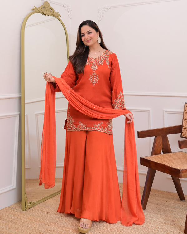 Rust Orange Chinnon Silk Handwork Sharara Set