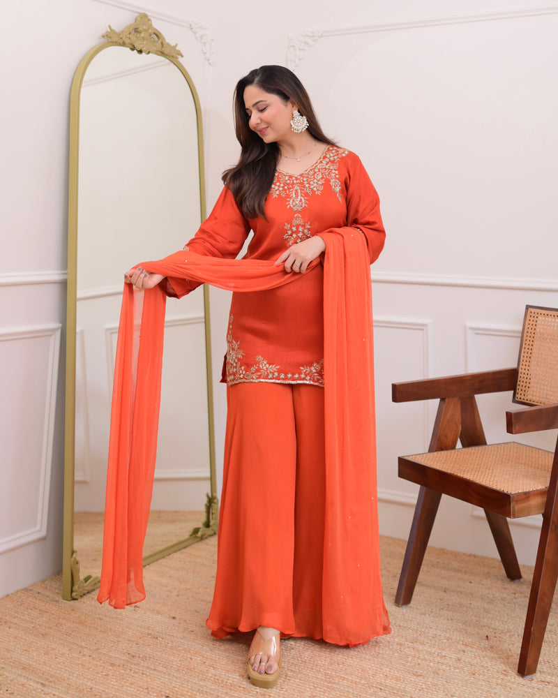 Rust Orange Chinnon Silk Handwork Sharara Set