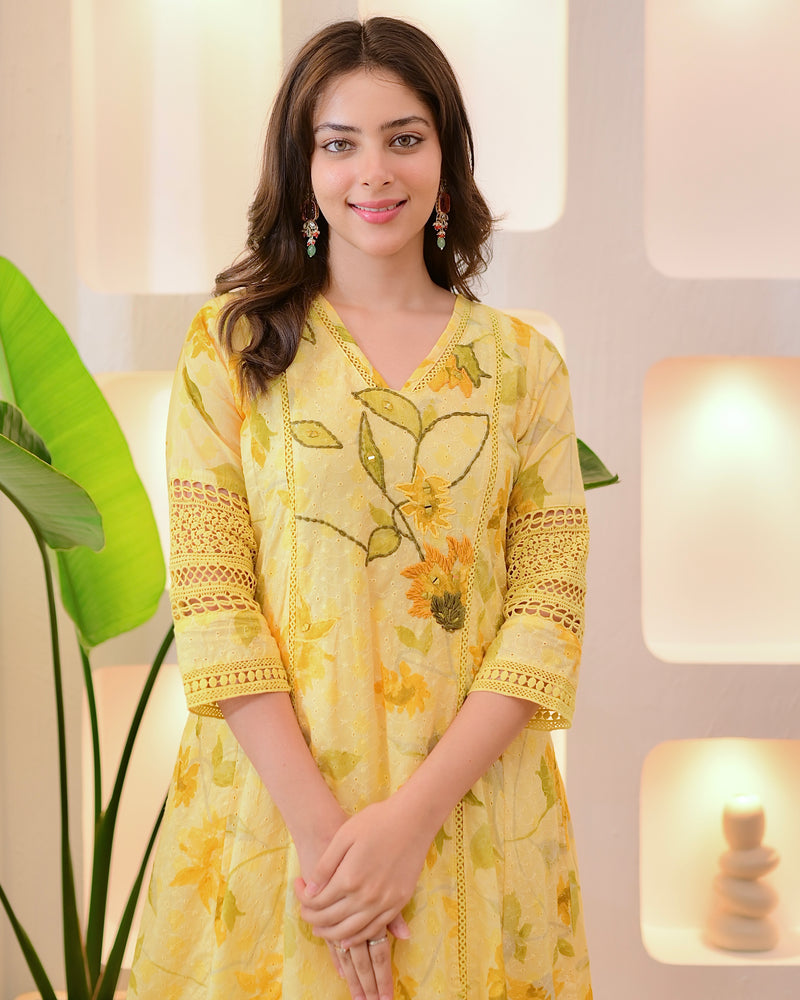 Lemon Zest Pakistani Schiffli Floral Cotton A Line Suit
