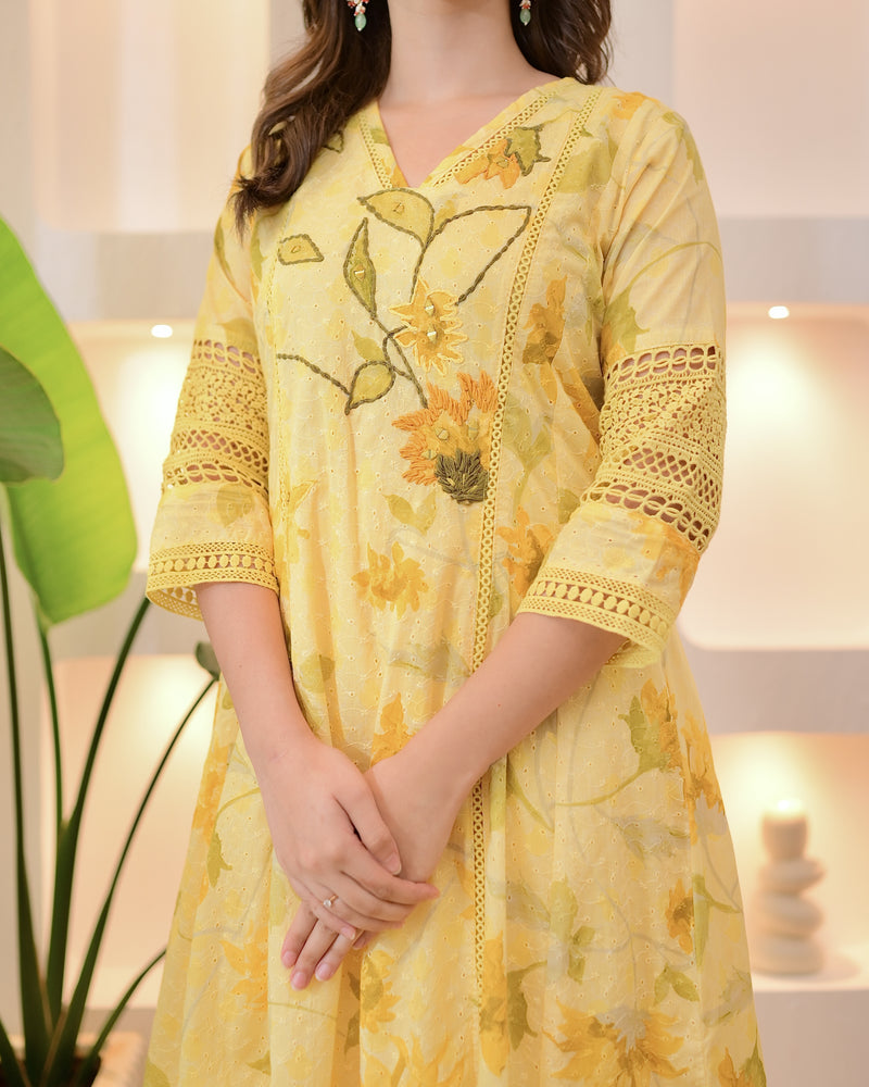 Lemon Zest Pakistani Schiffli Floral Cotton A Line Suit