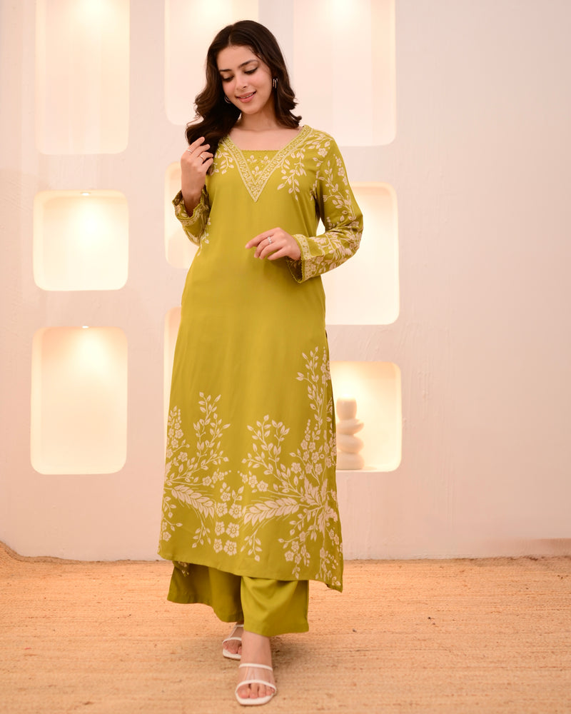Lime Green Petals Cotton A Line Kurta Palazzo Set