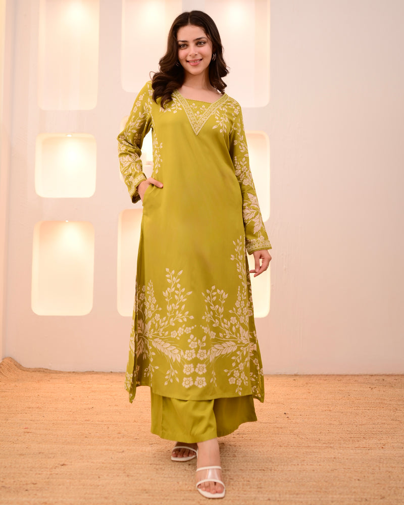 Lime Green Petals Cotton A Line Kurta Palazzo Set