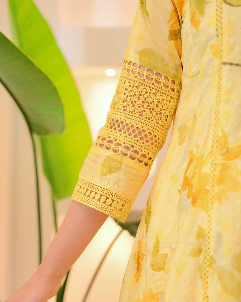 Lemon Zest Pakistani Schiffli Floral Cotton A Line Suit