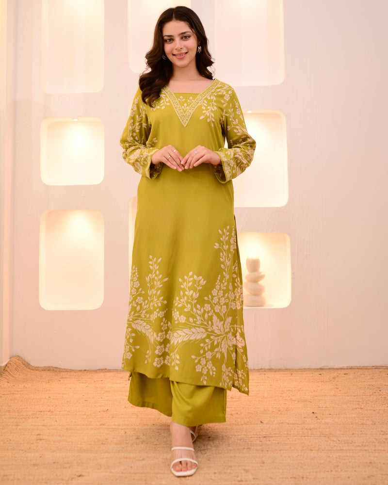 Lime Green Petals Cotton A Line Kurta Palazzo Set
