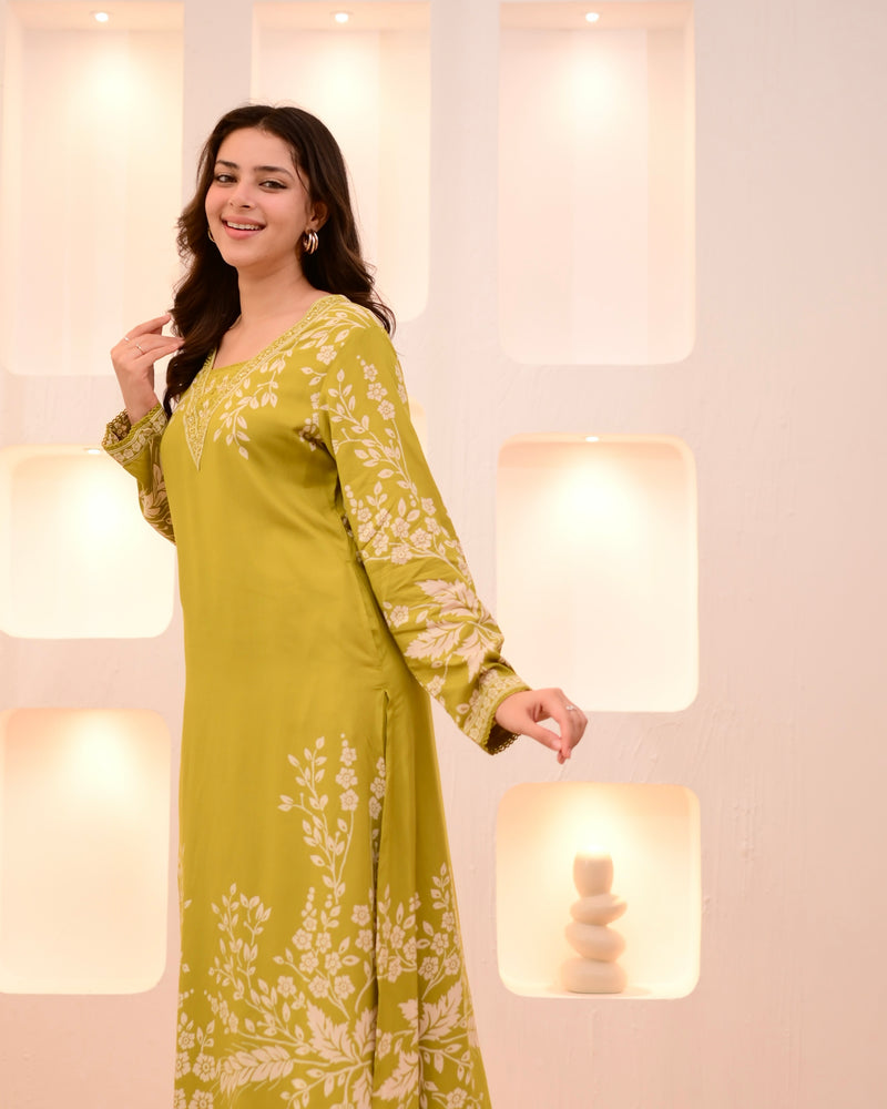 Lime Green Petals Cotton A Line Kurta Palazzo Set