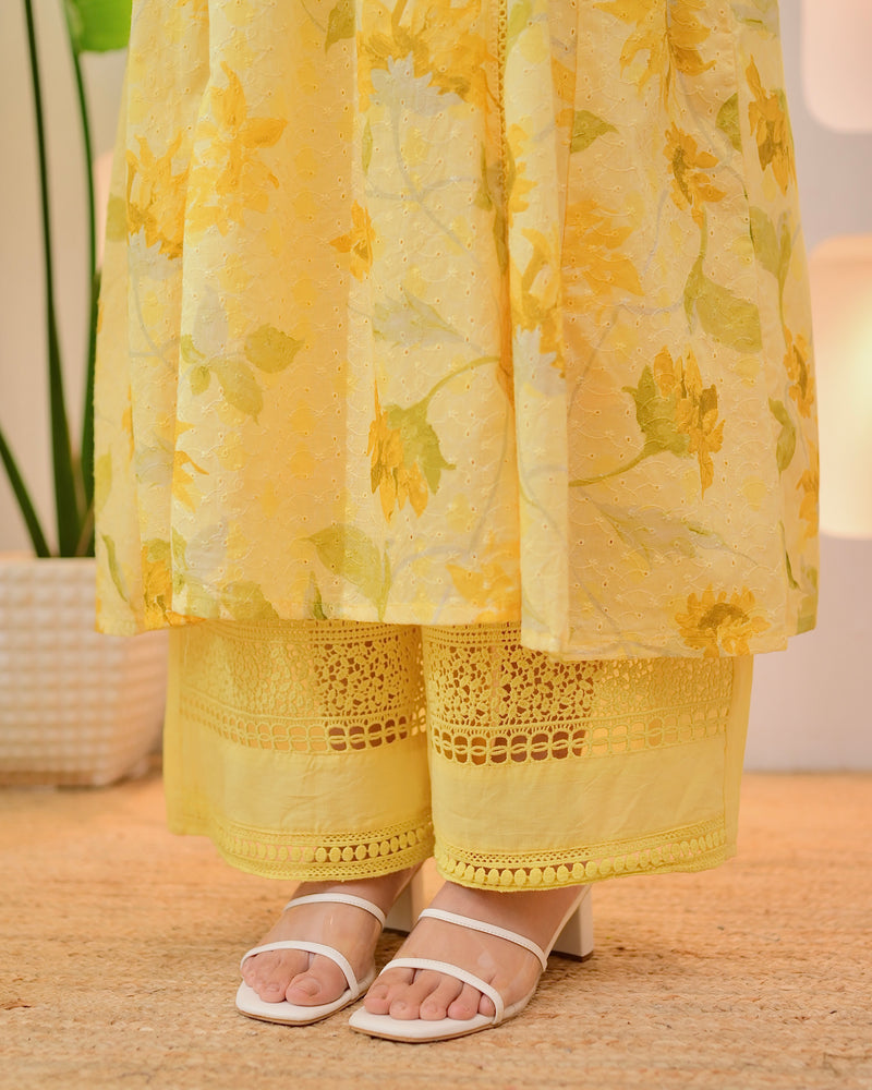 Lemon Zest Pakistani Schiffli Floral Cotton A Line Suit