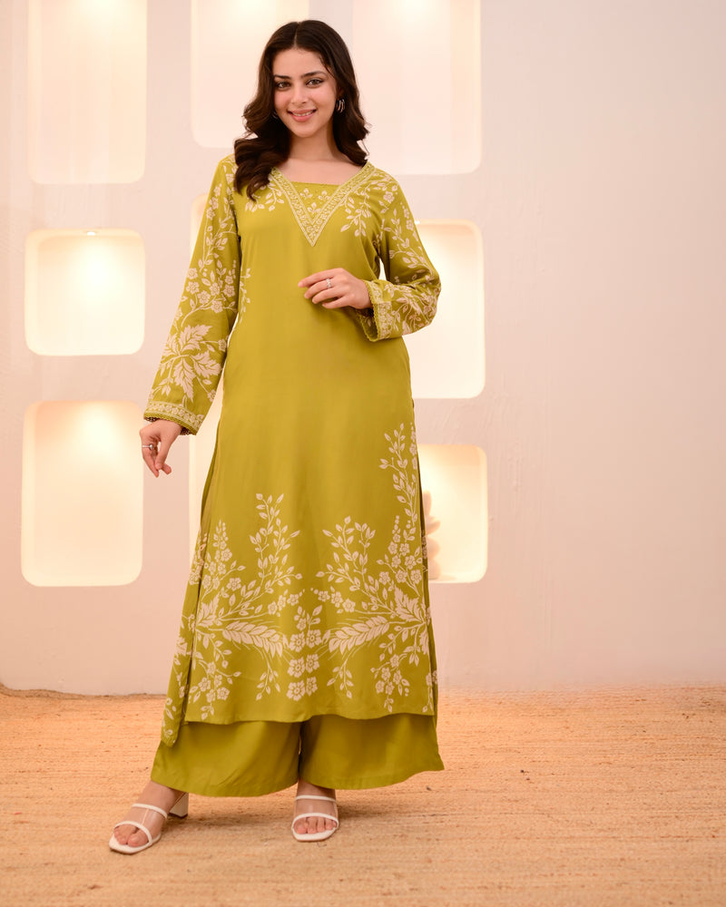 Lime Green Petals Cotton A Line Kurta Palazzo Set