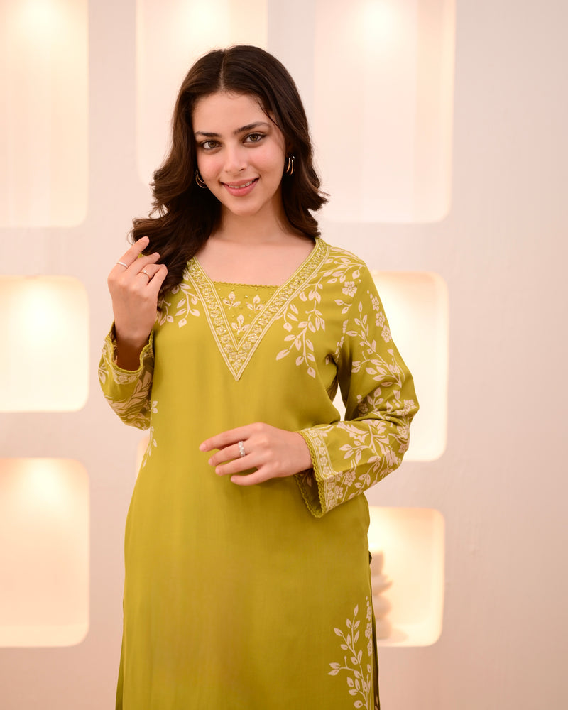 Lime Green Petals Cotton A Line Kurta Palazzo Set