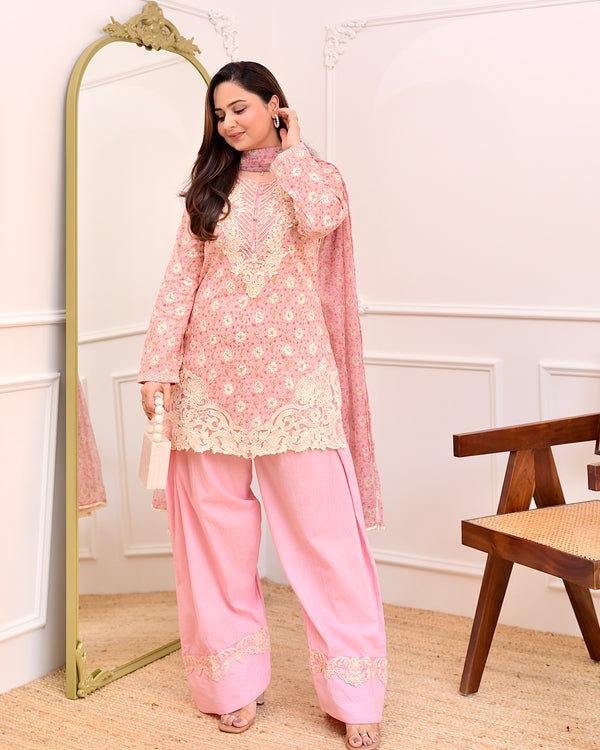 Baby Pink Floral Threadwork Cotton Farshi Shalwar Suit