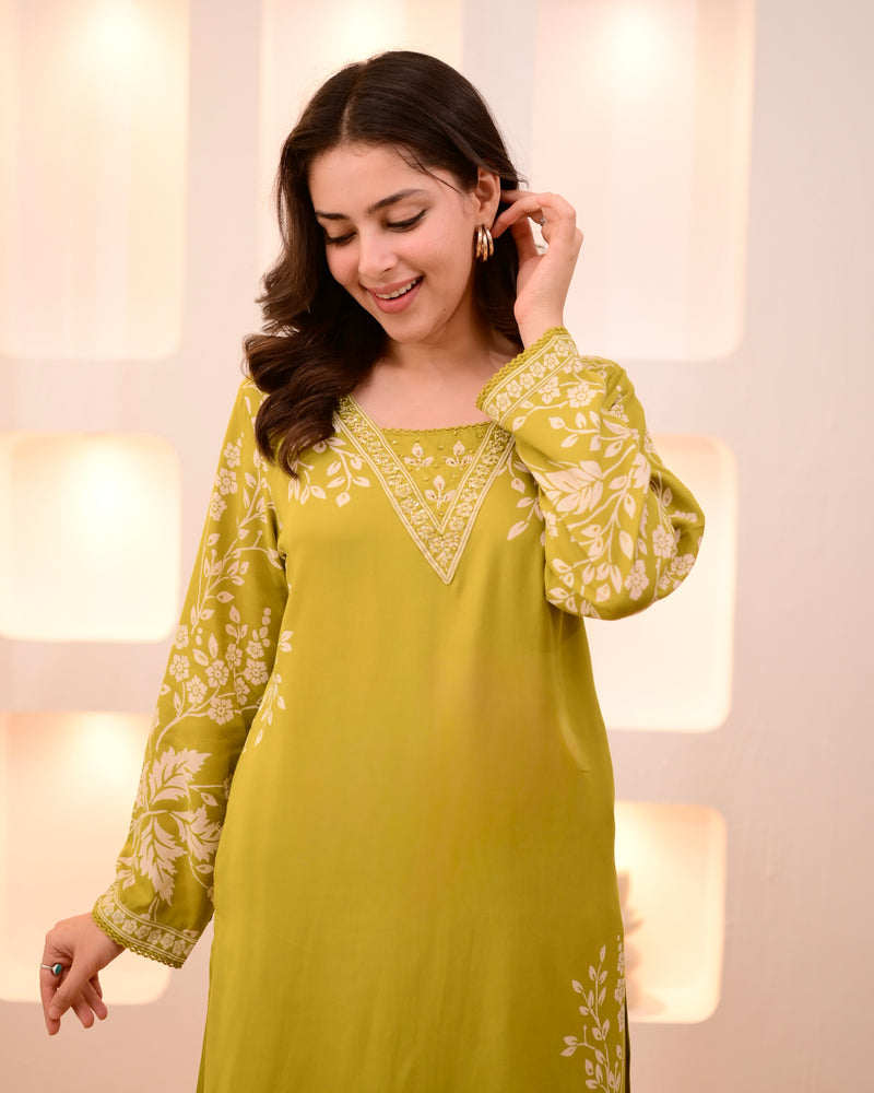Lime Green Petals Cotton A Line Kurta Palazzo Set