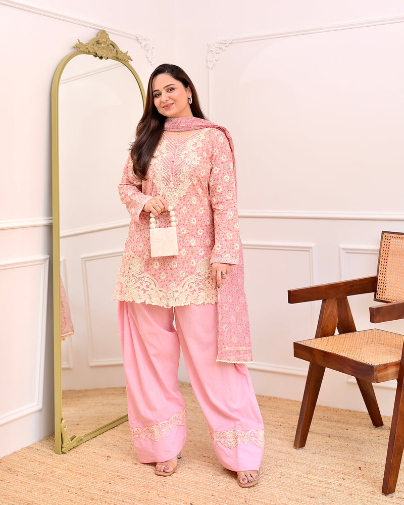 Baby Pink Floral Threadwork Cotton Farshi Shalwar Suit