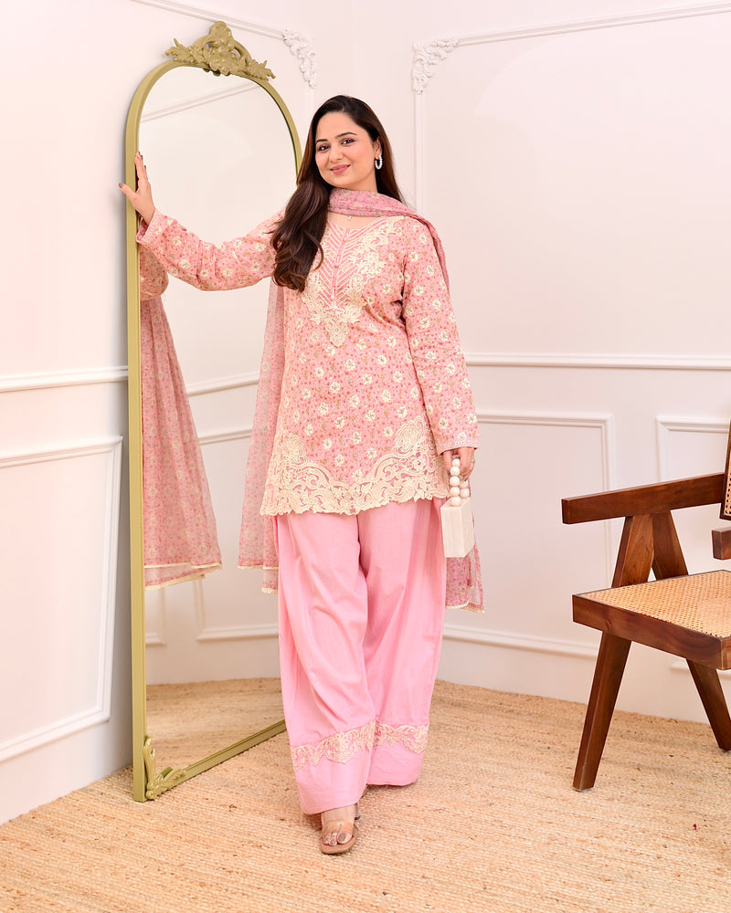 Baby Pink Floral Threadwork Cotton Farshi Shalwar Suit