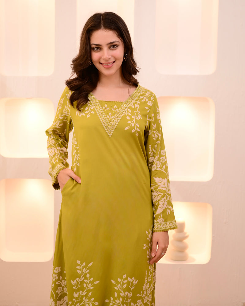 Lime Green Petals Cotton A Line Kurta Palazzo Set