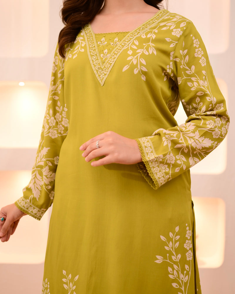 Lime Green Petals Cotton A Line Kurta Palazzo Set