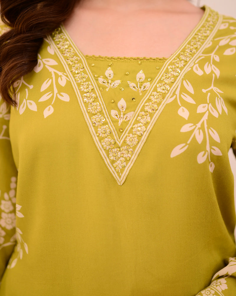 Lime Green Petals Cotton A Line Kurta Palazzo Set