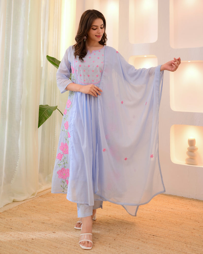 Bluebell Blossom Threadwork Mul Cotton A Line Suit