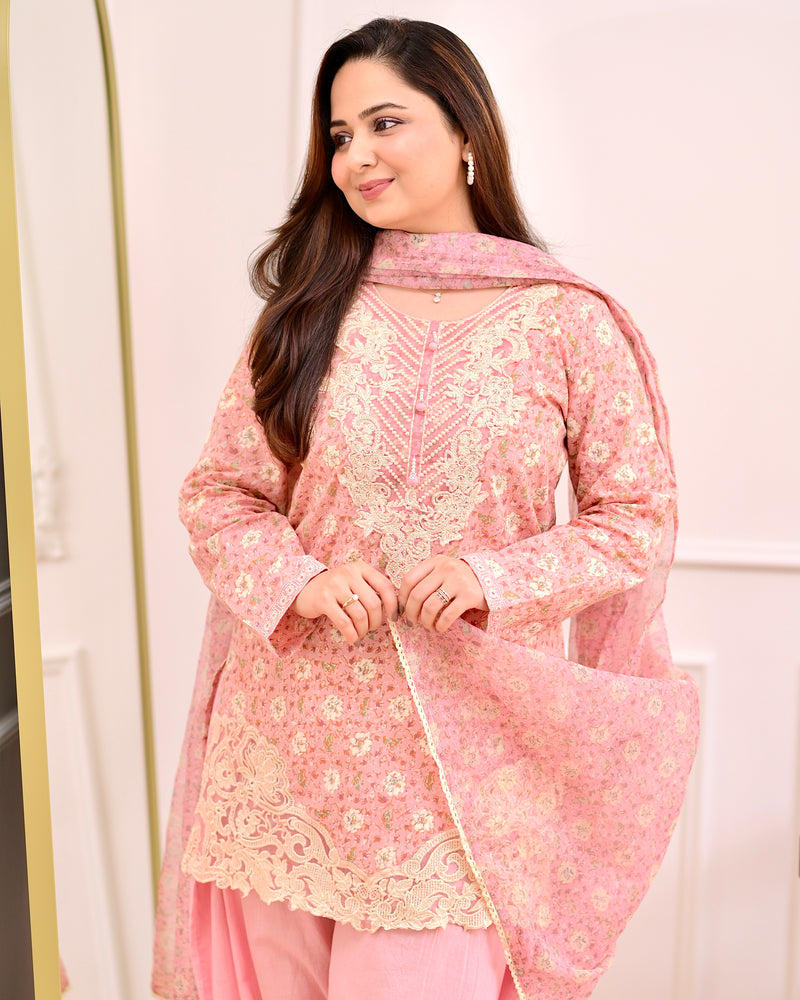 Baby Pink Floral Threadwork Cotton Farshi Shalwar Suit