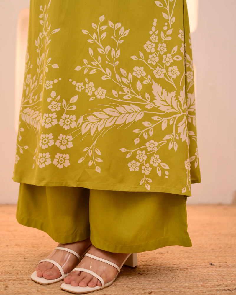 Lime Green Petals Cotton A Line Kurta Palazzo Set