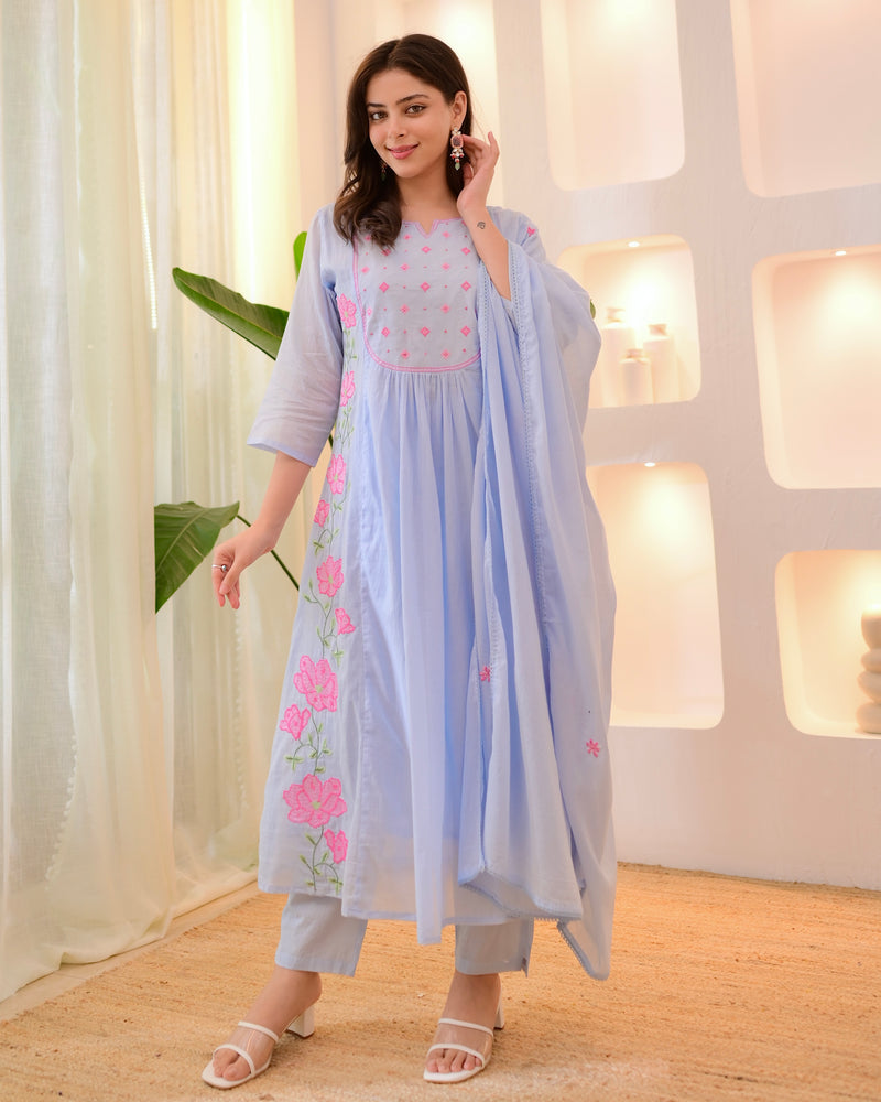 Bluebell Blossom Threadwork Mul Cotton A Line Suit