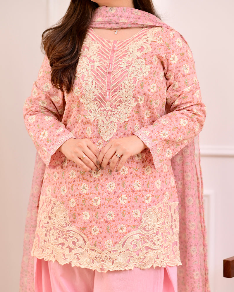 Baby Pink Floral Threadwork Cotton Farshi Shalwar Suit
