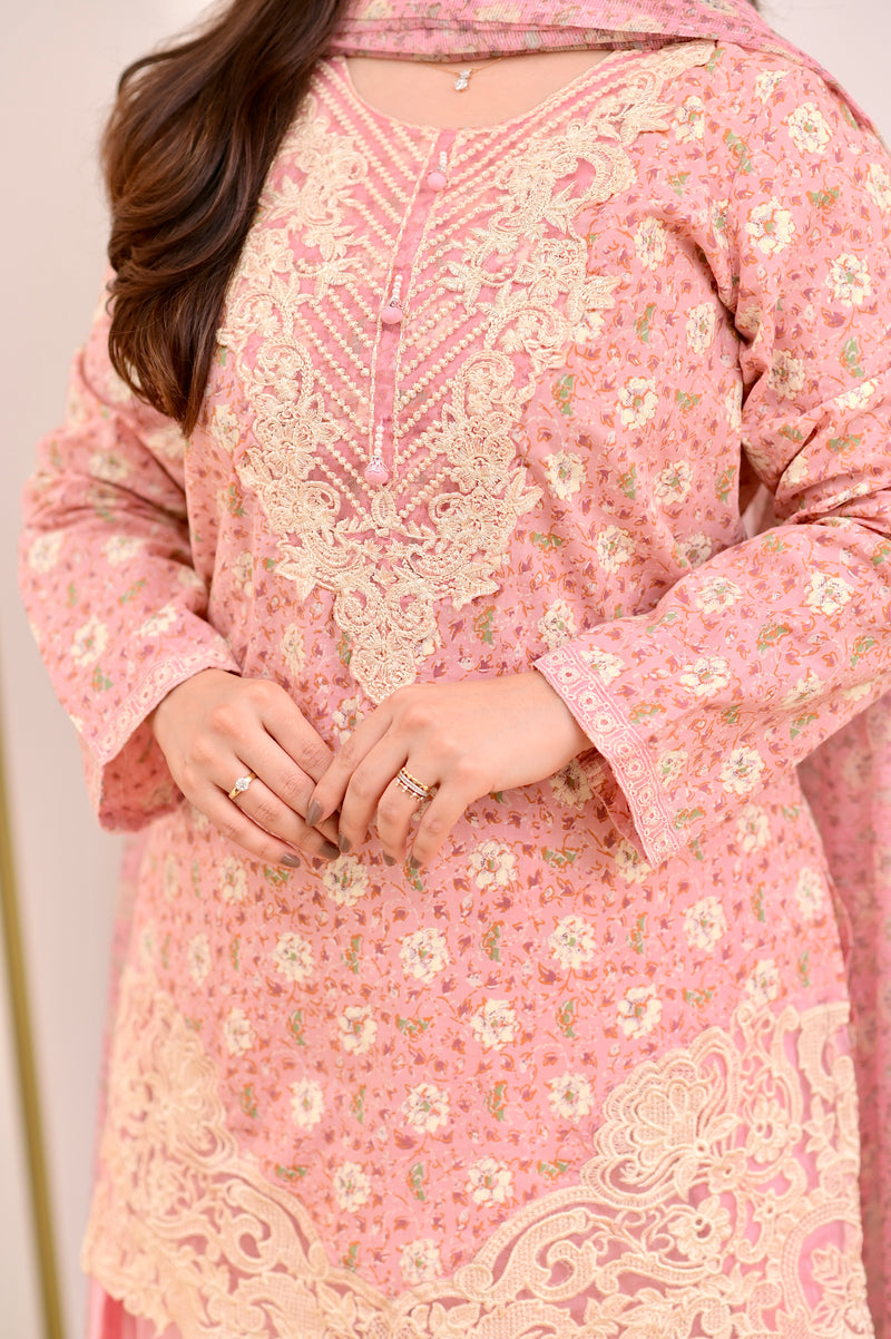Baby Pink Floral Threadwork Cotton Farshi Shalwar Suit