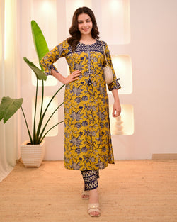 Navy Mustard Bloom Cotton Muslin Kurta Set