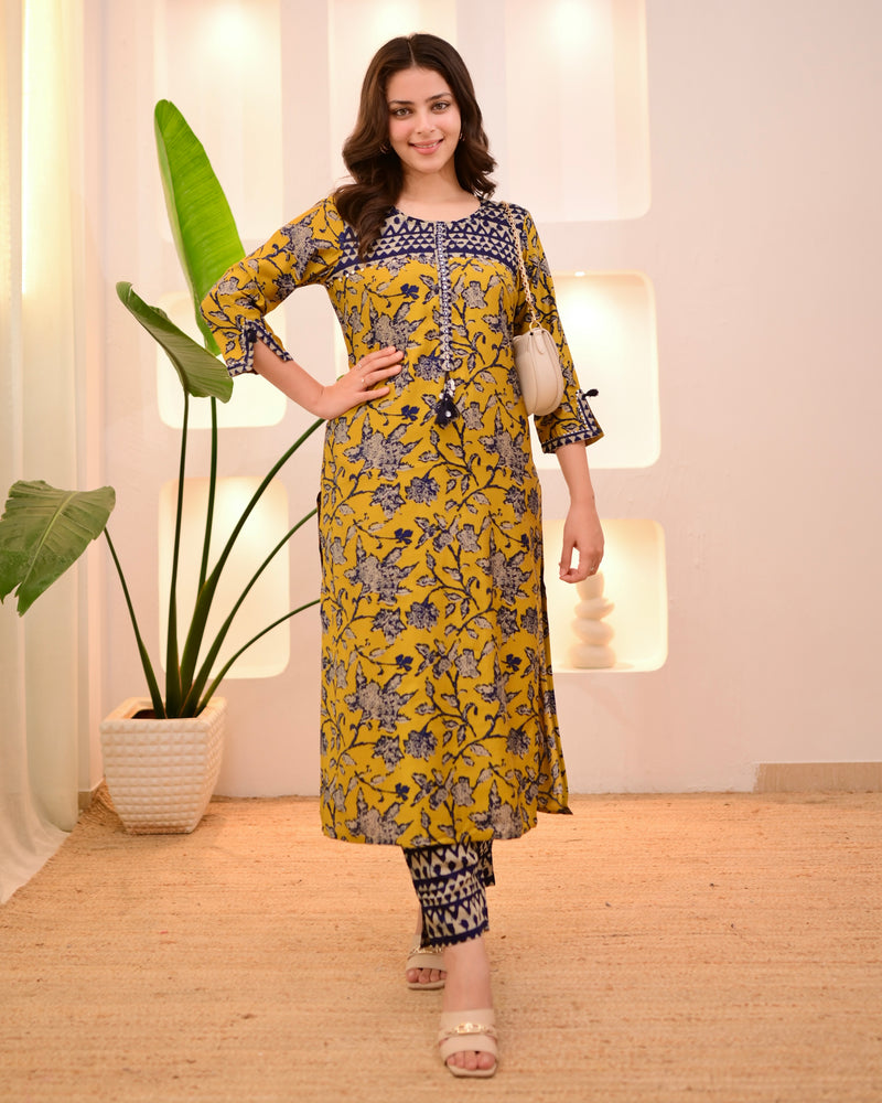 Navy Mustard Bloom Cotton Muslin Kurta Set