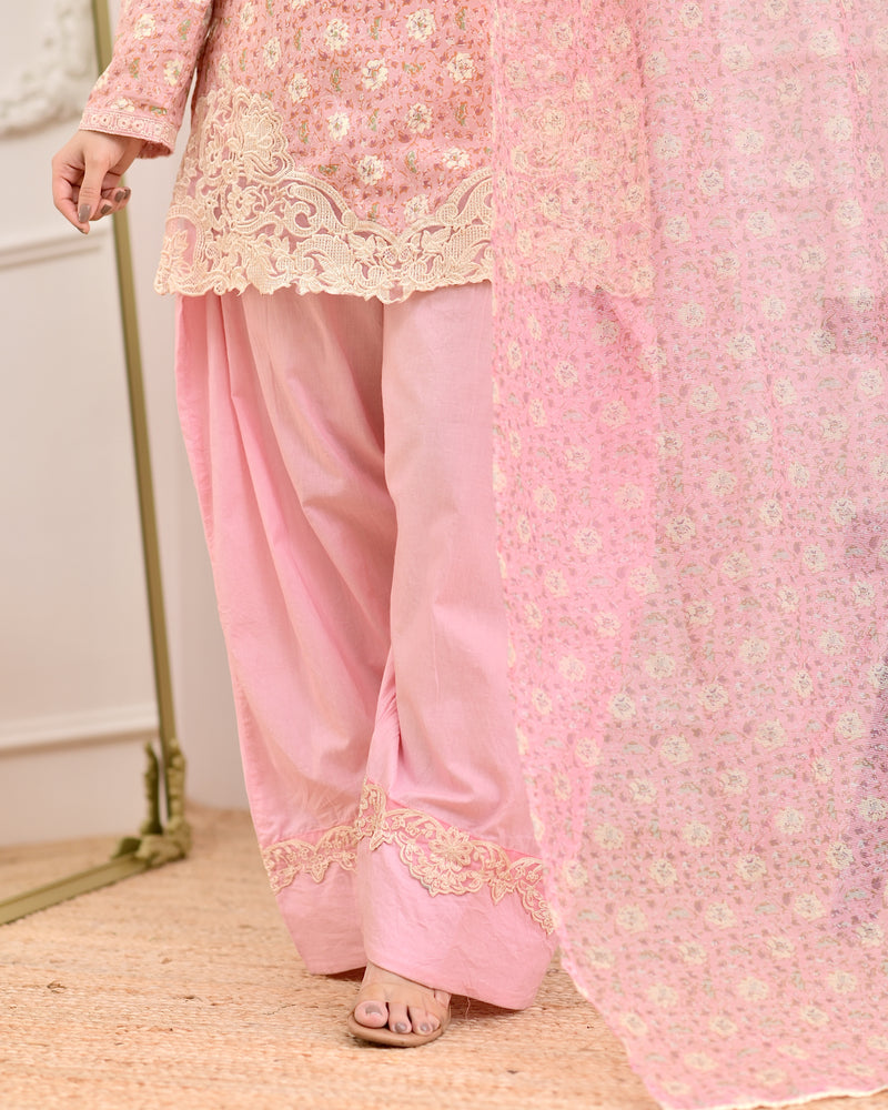 Baby Pink Floral Threadwork Cotton Farshi Shalwar Suit