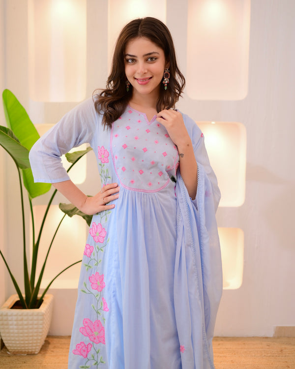 Bluebell Blossom Threadwork Mul Cotton A Line Suit