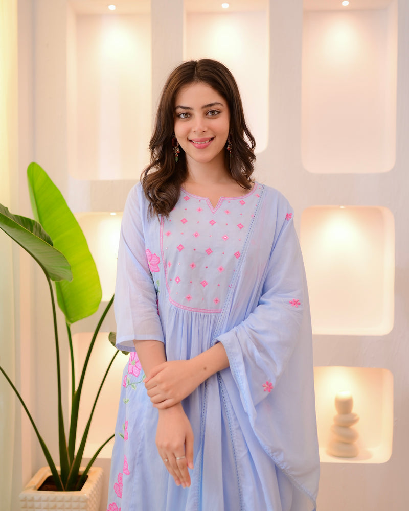 Bluebell Blossom Threadwork Mul Cotton A Line Suit