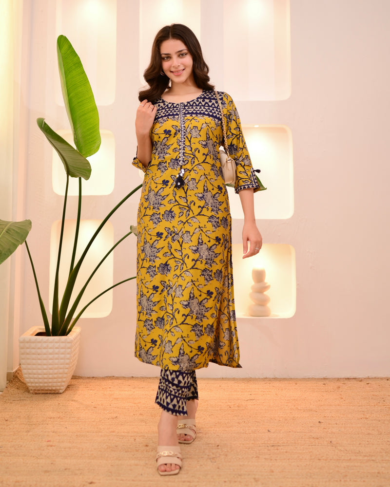 Navy Mustard Bloom Cotton Muslin Kurta Set