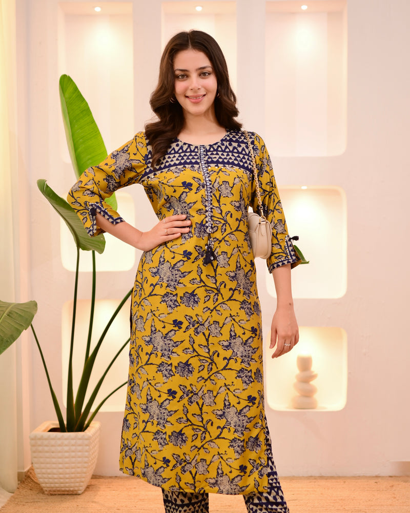 Navy Mustard Bloom Cotton Muslin Kurta Set