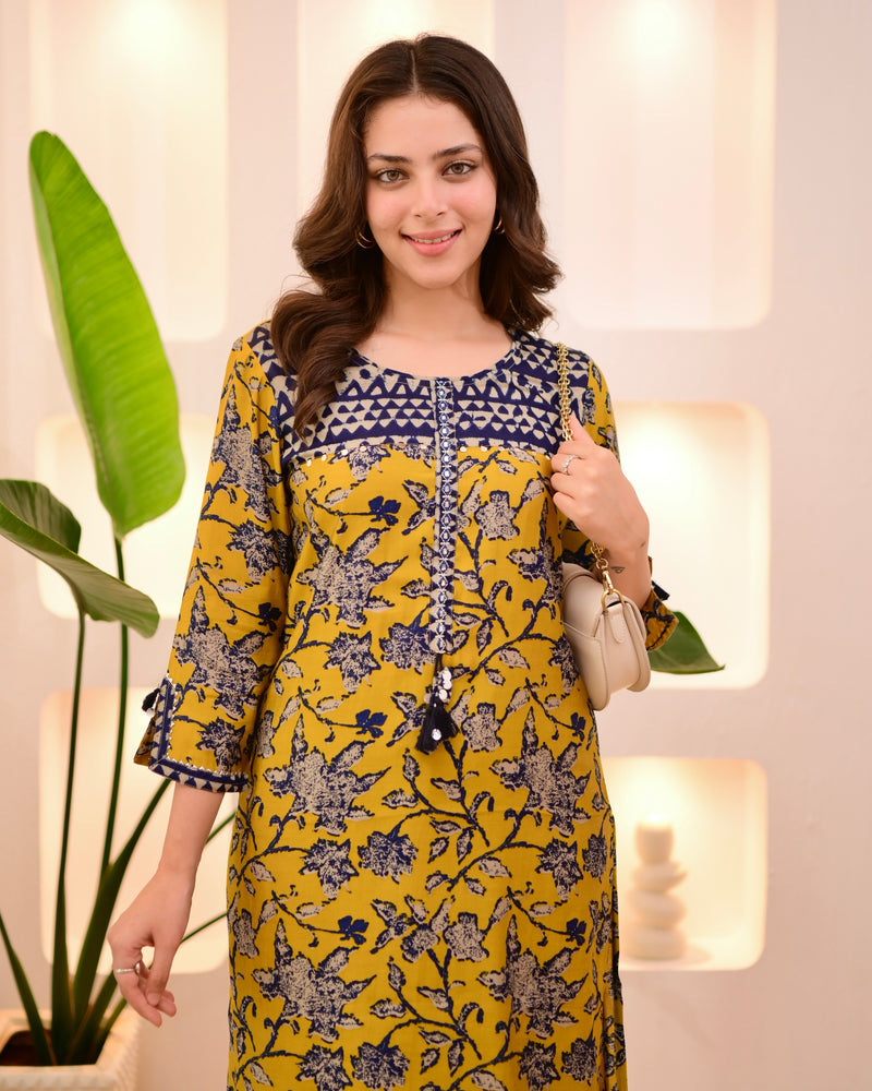 Navy Mustard Bloom Cotton Muslin Kurta Set