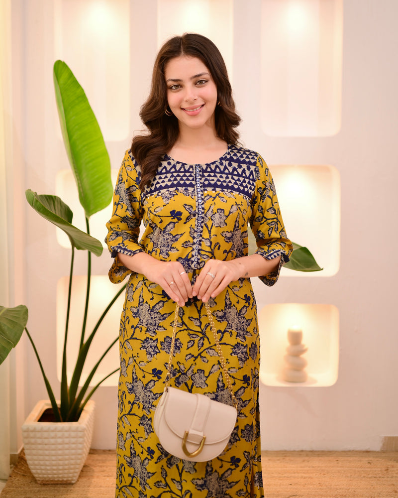 Navy Mustard Bloom Cotton Muslin Kurta Set