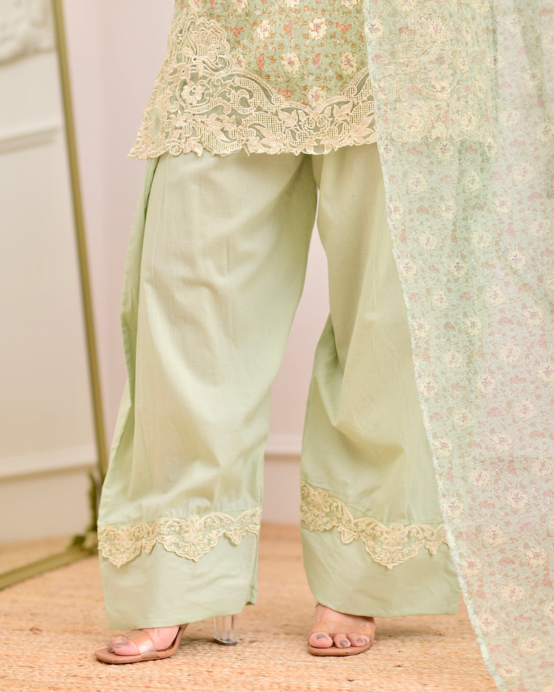 Pista Green Floral Threadwork Cotton Farshi Shalwar Suit