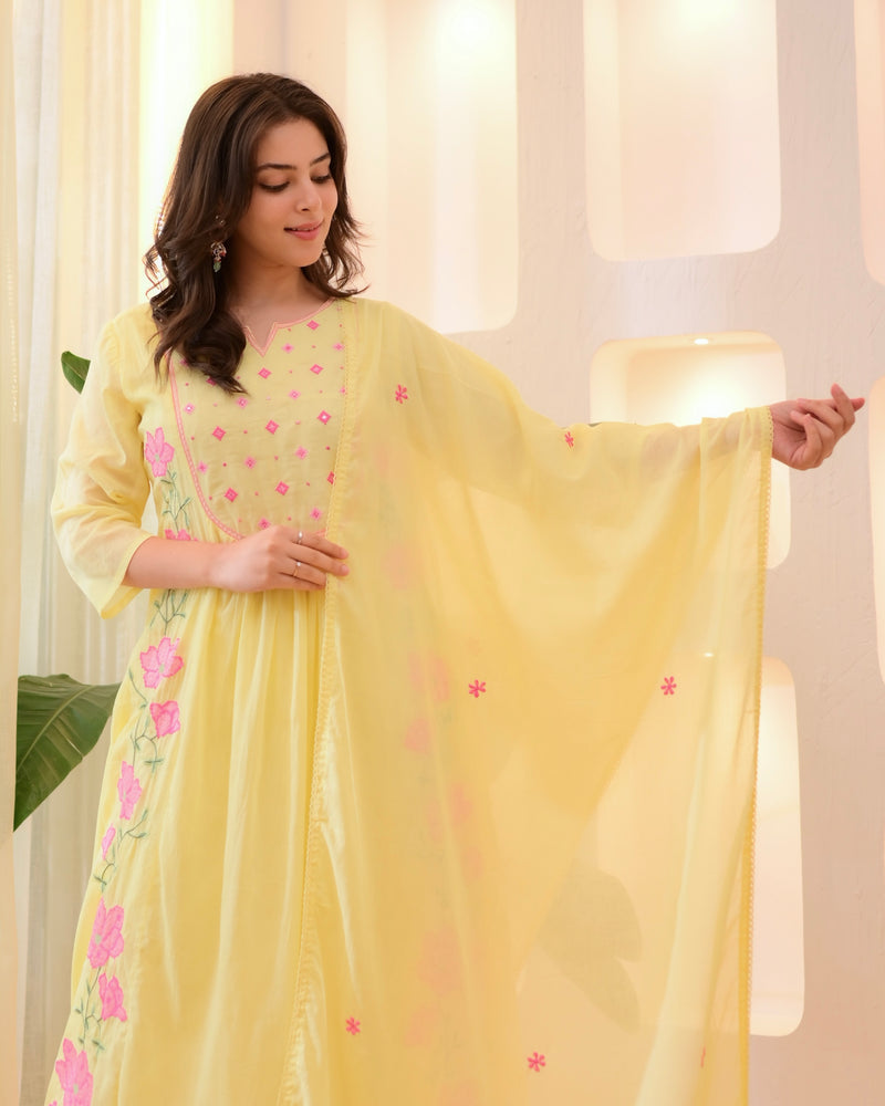 Sunshine Blossom Threadwork Mul Cotton A Line Suit