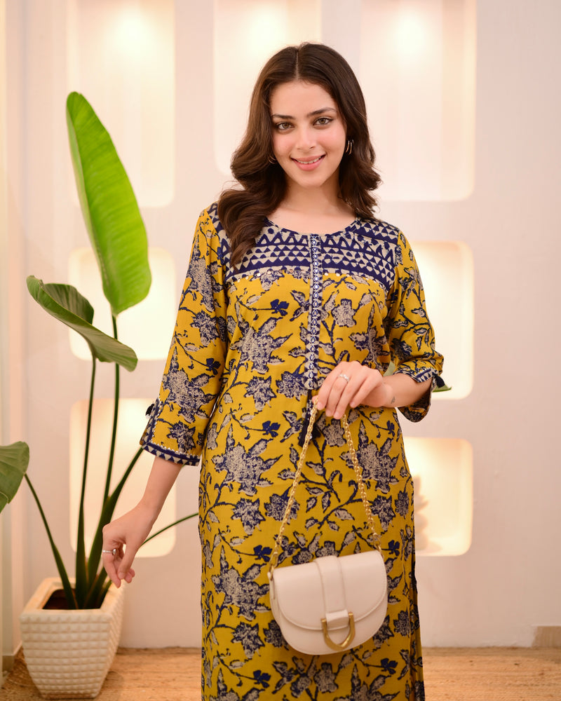 Navy Mustard Bloom Cotton Muslin Kurta Set