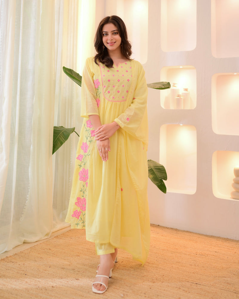 Sunshine Blossom Threadwork Mul Cotton A Line Suit